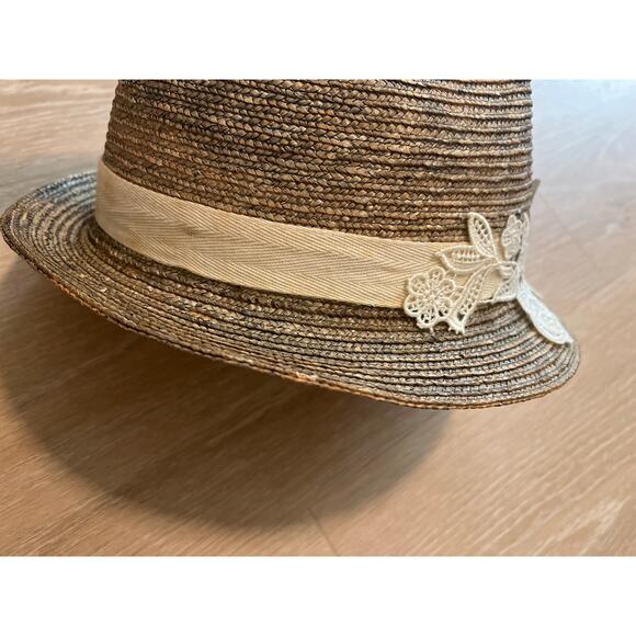 Daniele Meucci Women’s Straw Hat Floral Lace Appliqué Fedora - Picture 5 of 7